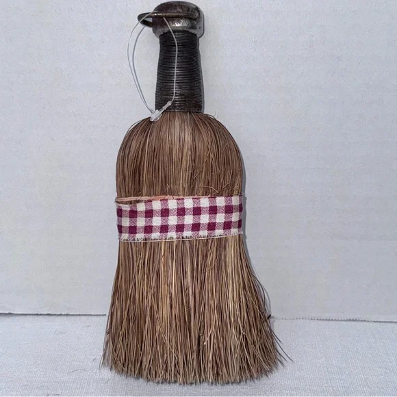 Vintage Whisk Broom Primitive USA Burgundy Check Ribbon Holiday Decor - Picture 15 of 16